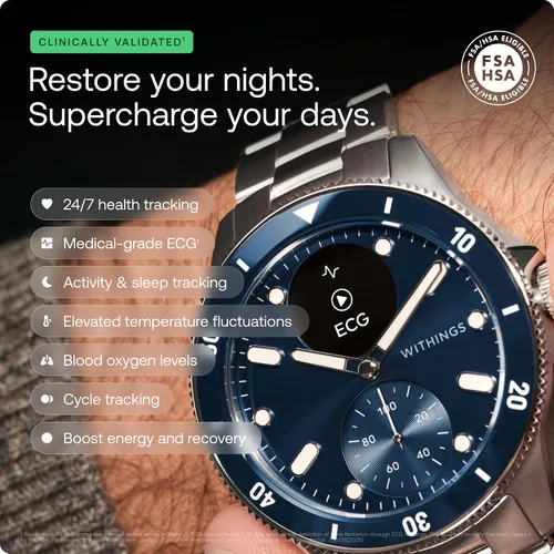 Miniatura 2 de WITHINGS Scanwatch Nova - Reloj inteligente híbrido de salud cardíaca para hombres y mujeres, SPO2, monitoreo de temperatura, sueño, salud Azul