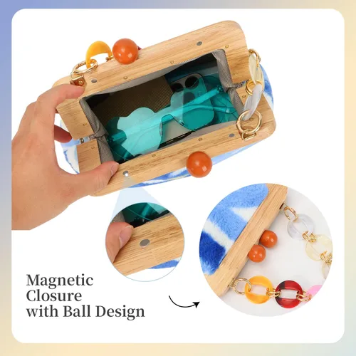 Miniatura 4 de Oweisong Bolso de mano de pana novedoso para mujer, bolso cruzado de piel sintética con cierre de beso de madera, bolso de hombro de felpa