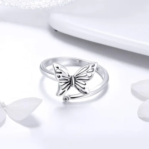 Miniatura 4 de Anillo de plata de ley 925 con diseño de mariposa delicada, expandible, ajustable, para mujeres, adolescentes y niñas, Metal, Sin piedras preciosas
