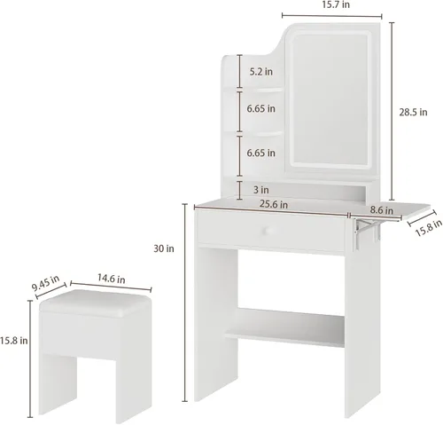 Miniatura 8 de Haewon Pequeño tocador con espejo y luces, tocador de maquillaje con estación de carga, juego de tocador compacto con silla de almacenamiento, cajón