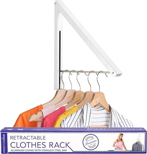 Perchero plegable individual, colgador de ropa retráctil montado en la pared para cuarto de secadora de lavandería, barra de secado colgante, Blanco