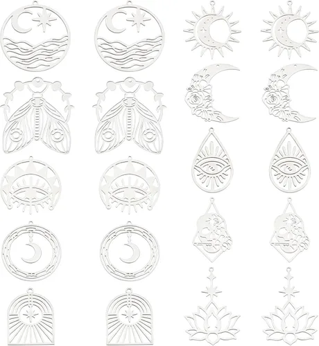 Miniatura 8 de SUNNYCLUE 1 caja de 20 dijes estilo tarot árbol de la vida de la fase lunar de acero inoxidable con diseño de luna creciente ojo de serpiente