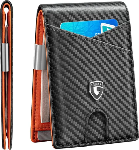 Miniatura 53 de GSOIAX Cartera delgada de cuero plegable RFID para hombre, billetera minimalista con bolsillo frontal con clip para dinero, 12 ranuras para Negro