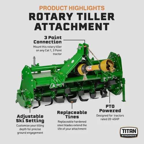 Miniatura 2 de Titan Attachments enganche de 3 puntos, accesorio de cultivador rotativo de 48" para tractores Cat 1, acabado en carbón, cultivador impulsado por