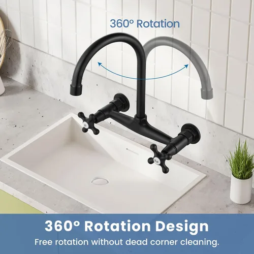 Miniatura 8 de Airuida Grifo de fregadero de cocina de montaje en pared negro mate, grifo de cocina montado en la pared, centro de 8 pulgadas, asas cruzadas