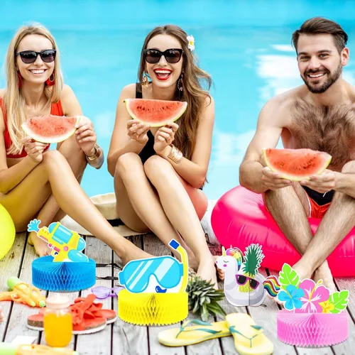 Miniatura 5 de Teling 9 piezas de centros de mesa de panal de abeja de verano para piscina, playa, decoración 3D de doble cara sandía panal de abeja flamenco