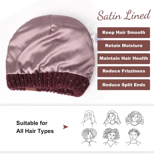 Miniatura 3 de Gorro de punto de invierno con forro de satén para mujer, gorro de cable, sedoso, suave, lavado, cálido