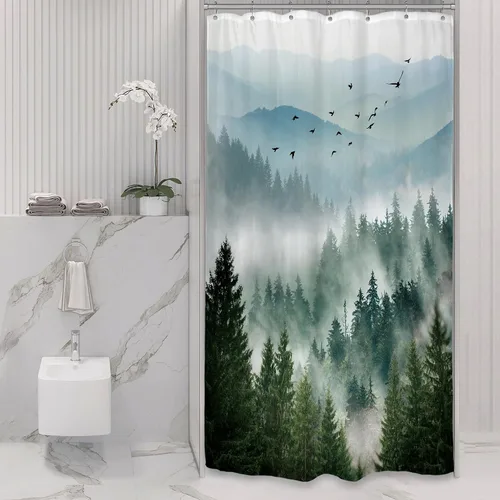 Riyidecor - Cortina de ducha para baño pequeño de montaña, 36 pulgadas de ancho x 72 pulgadas de alto, verde, para RV, temática rústica, naturaleza