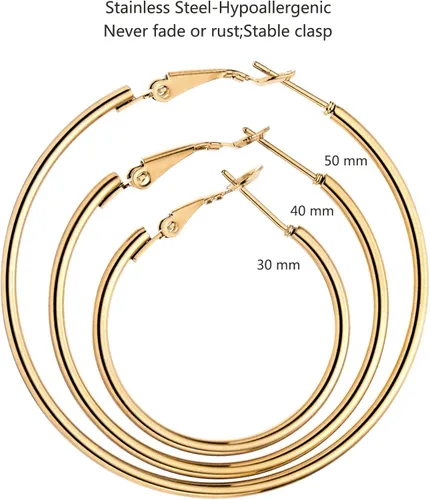 Miniatura 5 de Juego de 6 pares de aretes de aro chapados en oro de acero inoxidable para mujeres y niñas aros hipoalergénicos para mujer 304050in Acero inoxidable