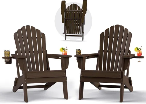 Miniatura 18 de Plawdlik Juego de 2 sillas plegables Adirondack de HDPE, sillas de patio al aire libre resistentes con soportes dobles para tazas, silla para Negro