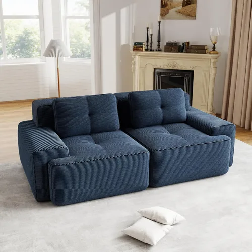 Sofás seccionales modulares sin estructura de pana azul moderna de 80 pulgadas para sala de estar, sofá comprimido de asiento profundo de 2 plazas,