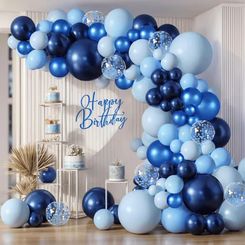 Miniatura 14 de Kit de arco de globos azules, blancos y plateados, guirnalda de globos azul marino oscuro perla azul claro metálico con globo blanco plateado