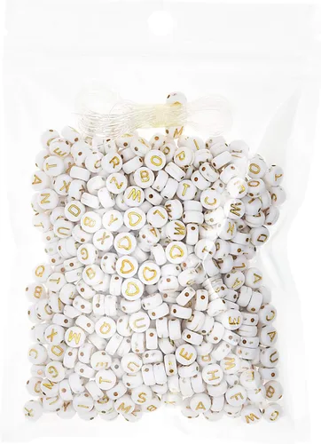 Miniatura 2 de 500 pulseras acrílicas de letras del alfabeto, oro sobre blanco, para hacer joyas (dorado y blanco) (dorado)