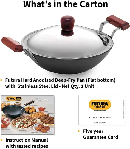 Miniatura 7 de Hawkins Futura - Sartén profunda de 2,5 litros, anodizado duro con tapa de acero inoxidable, Kadhai de fondo plano, color negro (AD25S)