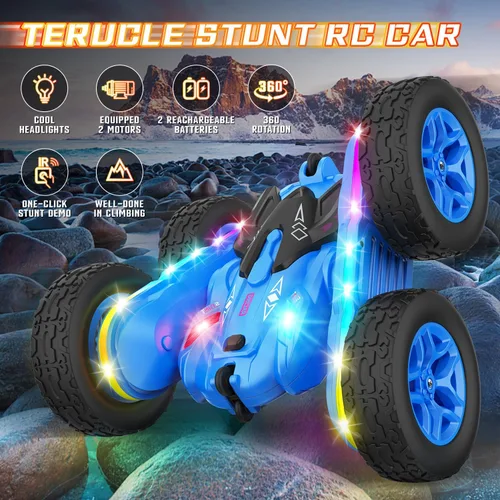 Miniatura 2 de Terucle Auto a control remoto, juguetes de acrobacias de autos a control remoto, tira de luces y faros mejorados, juguetes de doble cara giratoria