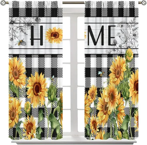 Miniatura 22 de Sunflower Curtains for Living Room Bedroom, Spring Nature Blue Sky and Butterfly Window Drapes, Rustic Wooden Fence Floral Botanical Decor, 2 Panels