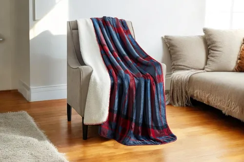 Miniatura 4 de Serafina Home Manta de franela de invierno Sherpa para vacaciones: diseño a cuadros de tartán rojo y azul, forro polar mullido, felpa cálida, acento