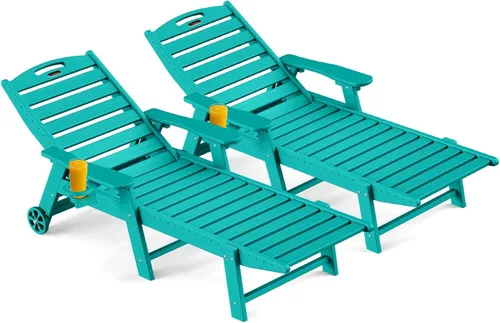 Miniatura 21 de Ciokea Silla de Descanso para Exteriores, Tumbona de Gran Tamaño con 5 Posiciones, HDPE, Silla de Descanso de Patio con Ruedas y Portavasos para Gris