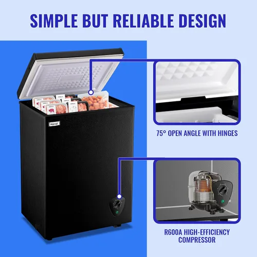Miniatura 8 de WANAI Congelador Profundo Negro Congeladores de Cofre Pequeños con Canasta de Almacenamiento Puerta Superior Abierta Mini Congelador Compacto 7