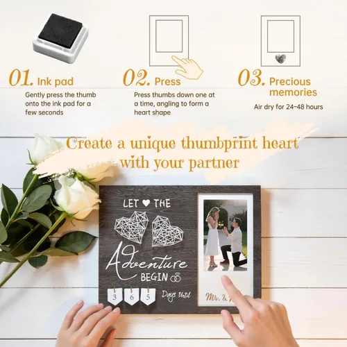 Miniatura 3 de Regalos de compromiso para pareja, Marco de fotos con huella dactilar de corazón para cuenta regresiva de boda y kit de tinta, Regalo para futura