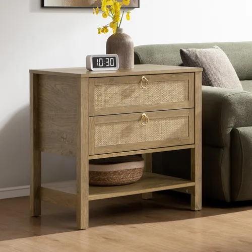 Sicotas - Mesita de noche con cajones y estante de almacenamiento - Gran mesita de noche de ratán, decoración boho, mesita de cabecera estrecha para