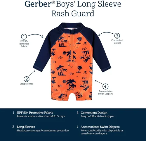Miniatura 4 de Gerber Boys' Toddler Long Sleeve One Piece Sun Protection Rashguard Swimsuit