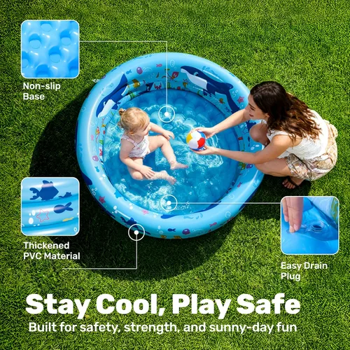 Miniatura 2 de Sloosh Piscina inflable para niños, 34 x 10 pulgadas, piscina inflable para niños, 3 anillos, piscina azul para bebés para niños, hoyo de juego