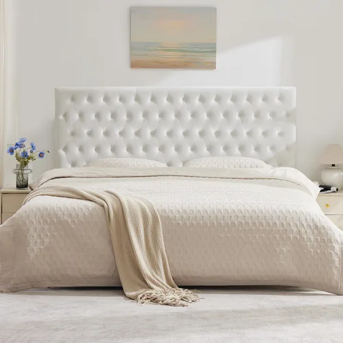 Miniatura 27 de Kingfun Cabeceras con diseño moderno de botones, cabecera de cama tapizada y acolchada de tela de lino premium, cabecera de madera maciza ajustable