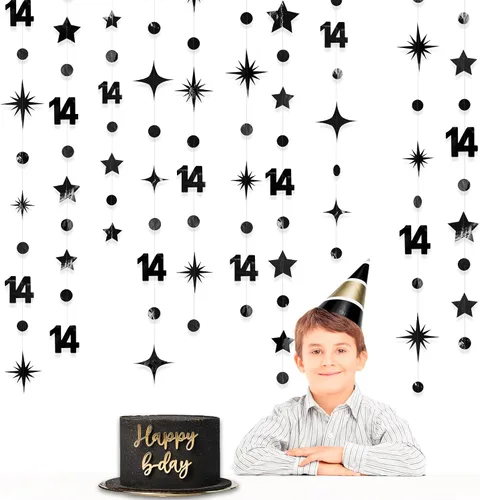 Miniatura 3 de Decoración de cumpleaños número 14, color negro, con número 14, guirnalda de estrellas con puntos circulares, metálica, para colgar banderines