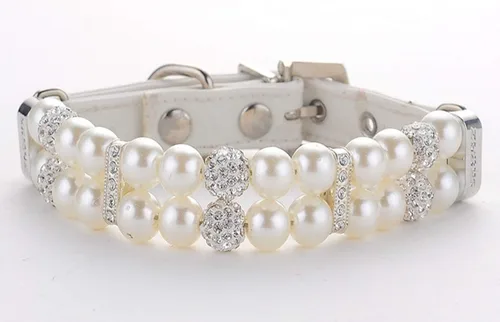 Collares de perlas para perros y gatos con decoración de diamantes de imitación de cristal, ajustable, lindo collar de piel sintética para mascotas,