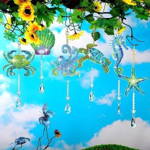 Miniatura 2 de Tradder Juego de 6 piezas de arte de diamantes para adultos, adorno de arte de diamante, campanillas de viento de doble cara con colgante de cristal