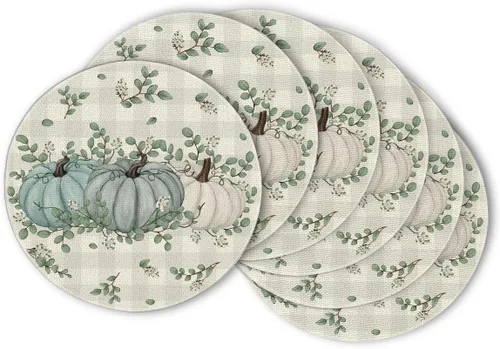 Miniatura 28 de Artoid Mode - Set de 2 manteles individuales de cuadros de búfalo con calabazas y hojas de eucalipto, manteles otoñales de 12x18 pulgadas para Azul
