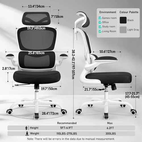 Miniatura 2 de Silla de oficina ergonómica de respaldo alto, silla de escritorio de malla transpirable con soporte lumbar, reposacabezas ajustable, reposabrazos