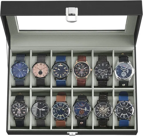 Miniatura 9 de SONGMICS Caja de reloj, caja de 12 ranuras con tapa de vidrio grande, almohadas de reloj extraíbles, regalo para seres queridos, cuero sintético