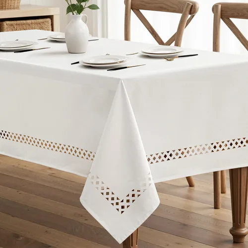 Miniatura 24 de MIULEE Mantel redondo de poliéster de lino beige con recortes decorativos, impermeable, resistente a las manchas y al encogimiento, 60 x 60