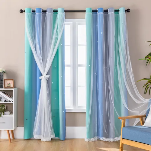 Miniatura 59 de XiDi Cortinas opacas con estrellas para habitaciones de niños, cortinas verdes para ventana de dormitorio de niños, azul y gris, 52 pulgadas de Azul