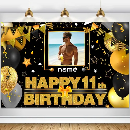 Miniatura 48 de Cartel decorativo personalizado de feliz cumpleaños número 100 - Personalización disponible - Negro y dorado - Tamaño grande - Admite fotos
