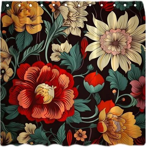 Cortina de ducha con diseño floral, estilo bohemio, vintage, colorido, botánico, rojo, naranja, flor, verde, hojas, estética, retro, tela con gancho