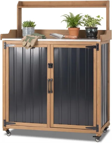 Miniatura 20 de Ketive Armario de almacenamiento para exteriores, cobertizo de almacenamiento de madera y metal con techo resistente a la intemperie, estante Negro