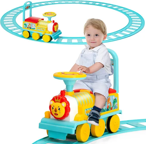 Honey Joy - Tren para montar con 16 piezas de pistas, juguete eléctrico alimentado por batería de 6V para niños, luces intermitentes y música, Azul