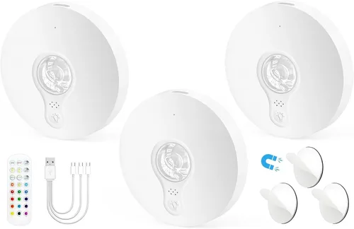 Luces de disco recargables con control remoto, paquete de 3 luces magnéticas para debajo del gabinete, 1500 mAh, funciona con pilas, luces LED con