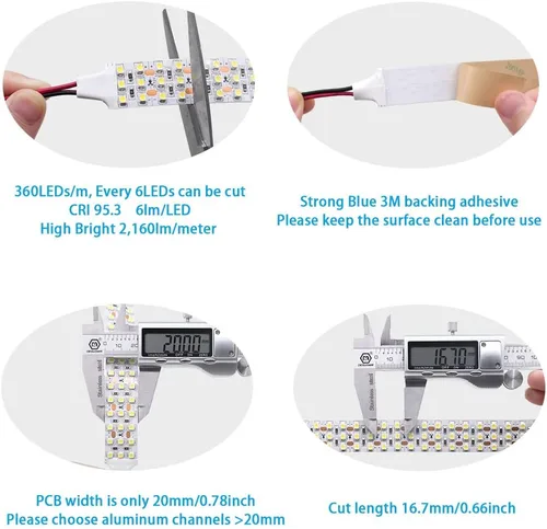 Miniatura 4 de DC12V - Tira de luces LED blancas de alto CRI 95 – Luz blanca de triple fila 6000K 360LEDs 3528SMD, cinta de luces LED flexibles para fotografía