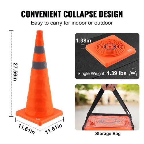 Miniatura 3 de VEVOR Conos de seguridad, paquete de 4 conos de tráfico plegables de 28 pulgadas, conos de construcción con collares reflectantes, base ancha y una