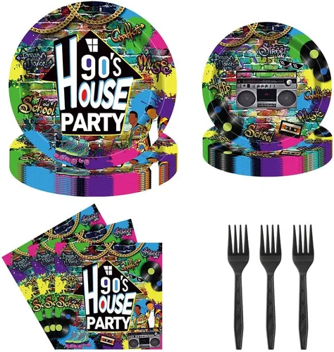 Juego de vajilla para fiesta de casa de los 90, 96 piezas, platos desechables de hip hop retro graffiti, servilletas, tenedores y suministros para