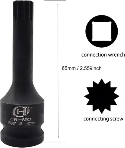 Miniatura 2 de Utoolmart Broca de impacto negra, 1/2 pulgada M12 Impact Triple Square Spline Socket, acero al molibdeno cromado, herramienta de reparación de broca