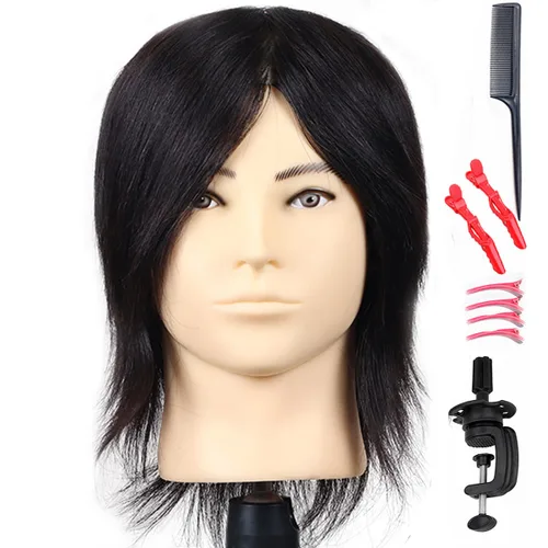 Miniatura 5 de Cabeza de maniquí masculino con barba, 100% cabello humano real, corte de pelo, cabeza de entrenamiento para cosmetología, cabello liso y grueso