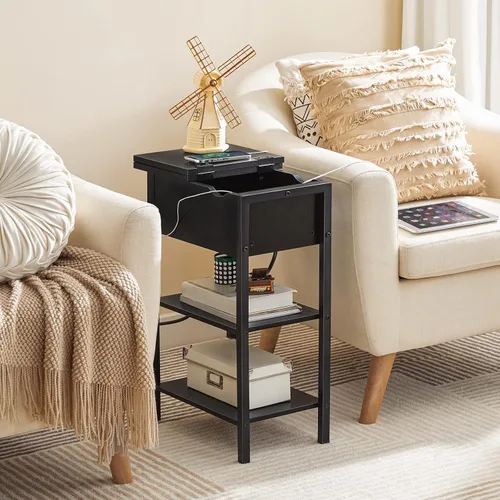 Miniatura 5 de HOOBRO - Mesa auxiliar lateral, mesa de centro abatible con estación de carga y estantes, puertos USB y tomas de corriente, mesita de noche estrecha