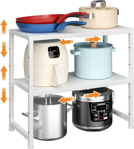 Estante de almacenamiento de cocina expandible de 2 niveles, estantería de metal resistente de 150 libras para electrodomésticos pequeños, estantes