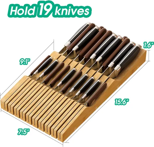 Miniatura 4 de Organizador de cuchillos de cajón grande, soporte para cuchillos de madera de bambú, bloque de cuchillos con capacidad para hasta 19 cuchillos