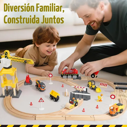 Miniatura 7 de Lehoo Castle Juego de tren de madera, juguetes de construcción para niños de 2 a 4 años, pista de tren de madera para niños con grúa, juguetes